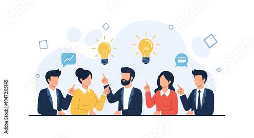 Teamwork brainstorming ideas, business meeting with lightbulbs symbolizing innovation and strategy