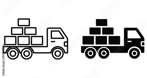 Delivery truck icon set with cargo boxes for logistics shipping transportation freight distribution service commercial vehicle outline and solid silhouette symbols