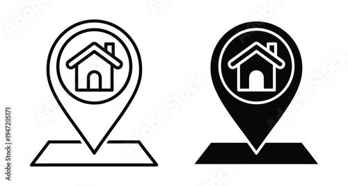 House location map pin icons set with outline and solid versions for real estate navigation and property search address tracking