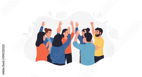 Diverse group of people celebrating, raising hands in unity and success.