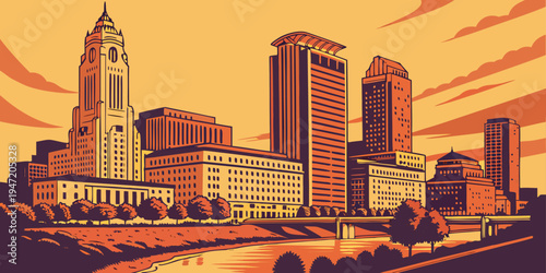 USA, US, U.S, United States - Columbus Skyline at Sunset – Panoramic Cityscape with Glowing Urban Architecture, River Reflections, and Vibrant Ohio Atmosphere in the United States
