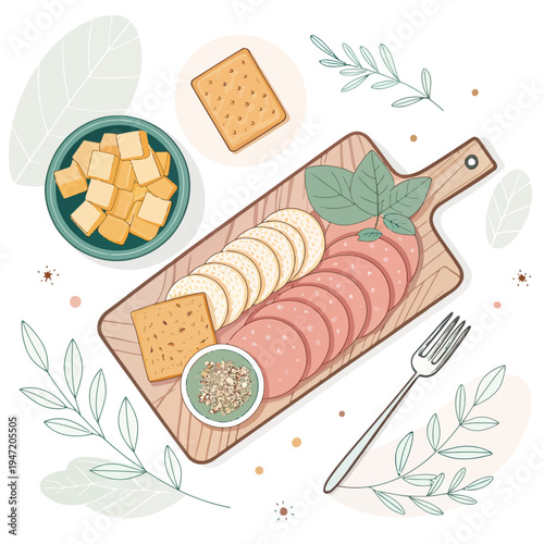 Gourmet charcuterie board illustration featuring sliced salami, cheese, crackers, and mustard, adorned with fresh herbs and botanical elements for an elegant party appetizer