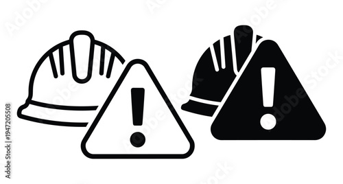 Construction safety helmet and warning triangle exclamation mark icons in outline and solid black styles for industrial site protection
