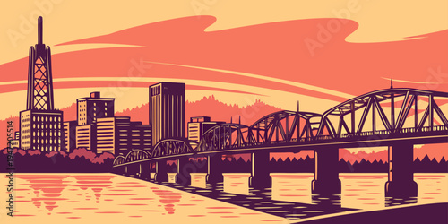 USA, US, U.S, United States - Portland skyline sunset panorama bridges river reflections vibrant sky
