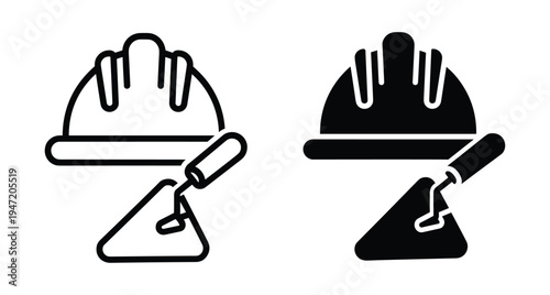 Construction worker safety helmet and masonry trowel icons for building industry professional services and architectural renovation project management tools