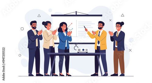 Business team applauding presentation success, diverse professionals celebrating achievement