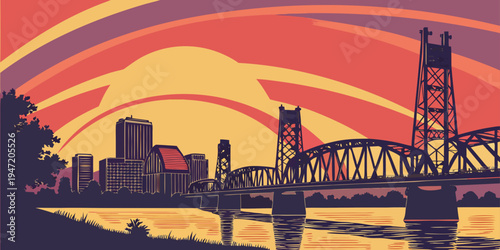 USA, US, U.S, United States - Portland Skyline at Sunset – Panoramic Bridges, River Reflections, and Vibrant Sky Over Oregon’s Iconic Cityscape in the United States
