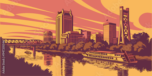 USA, US, U.S, United States - Sacramento skyline sunset panorama river reflections golden sky 
