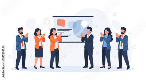 Business team applauding success at presentation with a projector screen