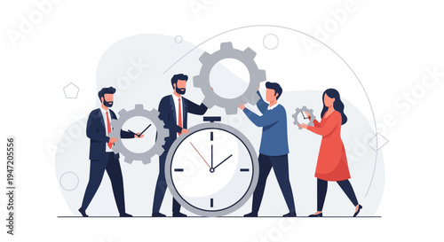 Teamwork and Time Management: Business People with Gears and Clock