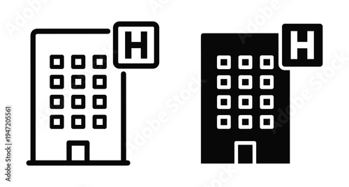 Hospital building icon set with medical clinic architecture and emergency healthcare symbol for mobile app interface and web design projects