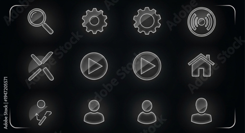 Collection of glowing digital interface icons on black background.