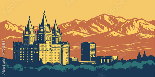 USA, US, U.S, United States - Salt Lake City Skyline at Sunset – Panoramic Mountain Backdrop, Glowing Architecture, and Vibrant Utah Cityscape in the United States