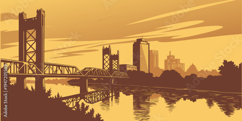 USA, US, U.S, United States - Sacramento Skyline at Sunset – Panoramic River Reflections, Glowing Golden Sky, and California’s Capital Cityscape in the United States
