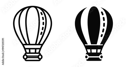 Hot air balloon icon set featuring outline and solid silhouette styles for travel adventure transport and outdoor recreation design projects