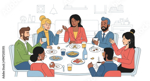 Diverse group of people enjoying a meal together at a table.