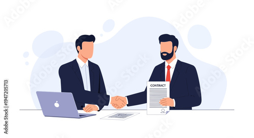 Businessmen shaking hands over contract, laptop on table, successful deal, partnership concept