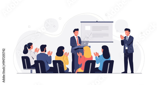 Business presentation success: speaker applauded by audience and colleague at conference