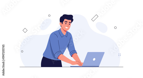 Young man working on a laptop, modern flat illustration, business and technology concept