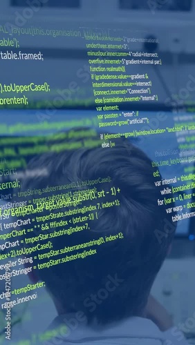 Vertical video: Dev sitting at desk, running code and debugging while code lines sliding overhead