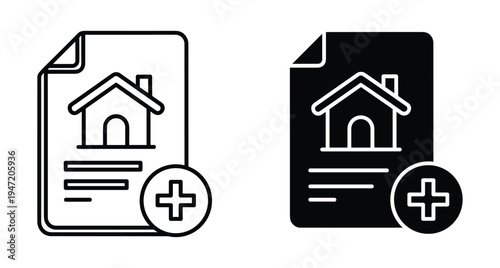 Real estate document icon set featuring house symbol and plus sign for adding new property listings mortgage applications or rental agreements