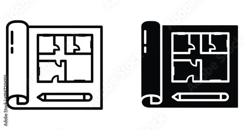 Architectural floor plan blueprint icons with pencil for house construction design engineering project planning building layout development technical drawing