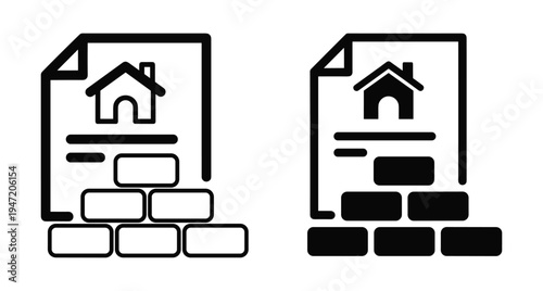 House construction plan document with brick wall icon set for architecture building project real estate development and home renovation services