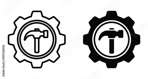 Hammer inside gear icon set for repair maintenance construction engineering industrial service workshop tools mechanical work symbols and technical support