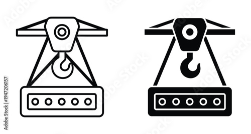 Industrial construction crane hook lifting heavy cargo block load symbol set in outline and solid black glyph style for engineering