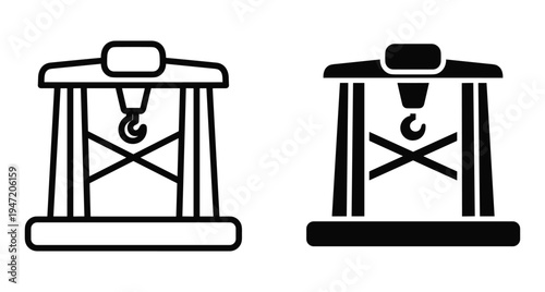 Gantry crane icon set representing industrial lifting equipment for shipping ports construction sites heavy machinery logistics and warehouse cargo handling