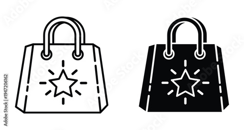 Shopping bag icon set with star symbol design for retail commerce marketing promotion store purchase package outline and solid style