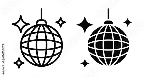 Disco ball icon set with sparkles for party dance club music event celebration night life entertainment disco mirror sphere
