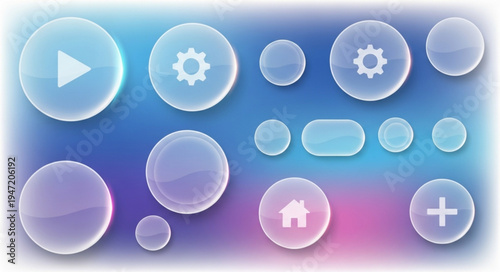 Collection of translucent digital interface icons with various symbols.