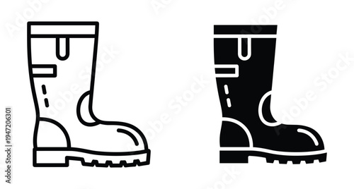 Rubber boot icons for rain protection gardening and industrial work featuring outline and solid silhouette styles for graphic design projects