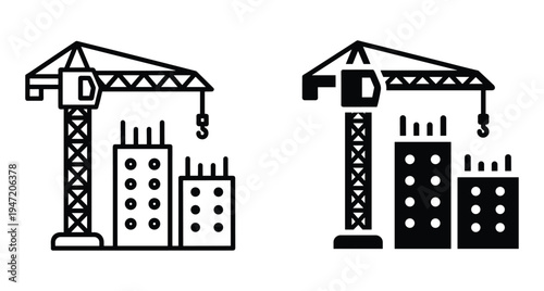 Construction site icons featuring tower cranes and buildings under development for urban architecture engineering projects and industrial city growth planning