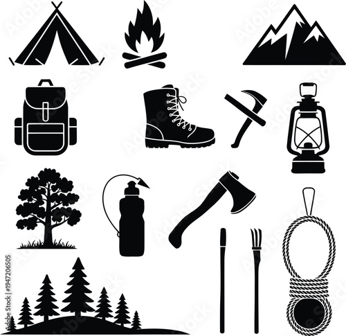Flat design camping and hiking essentials with icons on white background