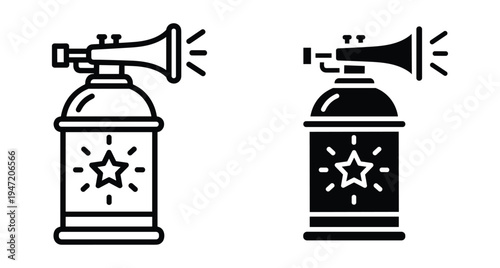 Air horn icon set featuring outline and solid black styles for sports events celebration noise making signaling and safety equipment