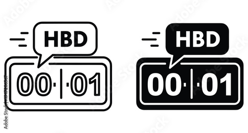 Digital clock timer icon set showing midnight with happy birthday hbd notification speech bubble for celebration and anniversary reminders