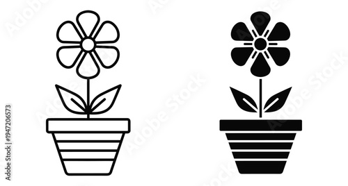 Flower pot icon set with outline and solid black styles featuring a blooming plant with petals and leaves in pots