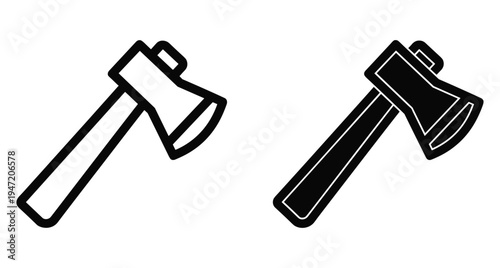 Axe icon set with outline and solid black silhouette styles for woodcutting carpentry camping hardware construction and outdoor survival equipment