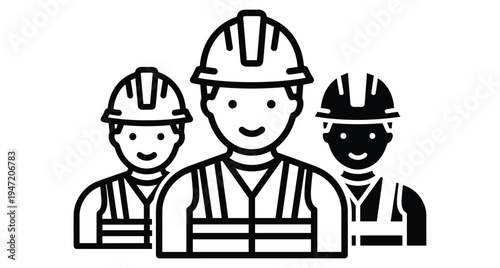 Construction worker team icon wearing hard hats and safety vests for industrial building site project management and labor force representation