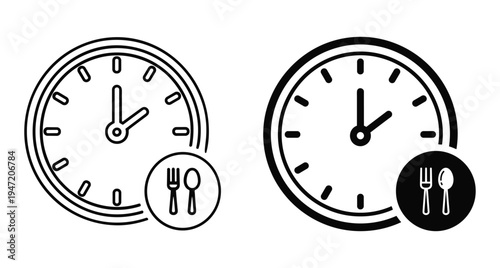 Lunch time clock icon set showing meal break schedule with fork and spoon symbols for restaurant hours and dining time