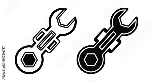 Wrench icon set featuring open end and hexagonal ring spanner designs for mechanical repair maintenance hardware tools and industrial engineering