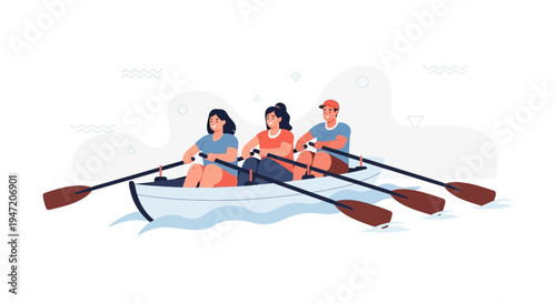 Team Rowing Boat on Water, People Rowing Together, Outdoor Sport Activity