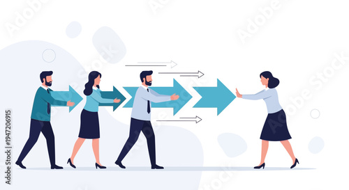 Teamwork and Obstacles: People pushing arrows, one person blocking the path