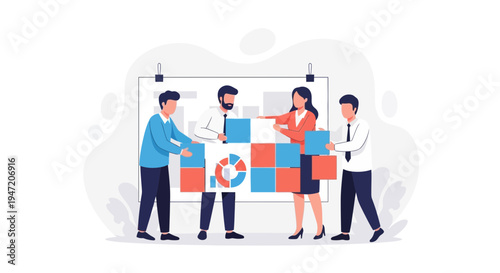 Teamwork business strategy meeting with charts and puzzle pieces on whiteboard