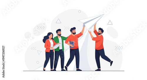 Team launching paper airplane, symbolizing teamwork, innovation, and new ideas