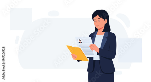 Businesswoman reviewing resume and folder, professional career concept