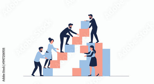 Teamwork climbing stairs, business people helping each other reach success, cooperation