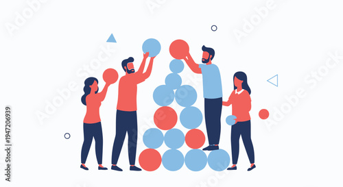 Teamwork building success pyramid with colorful balls, collaboration, strategy, growth concept